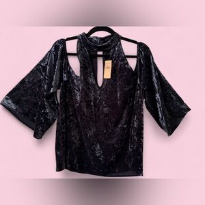 American Eagle Navy Velvet Cold Shoulder Statement Sleeve Keyhole Top NWT XL